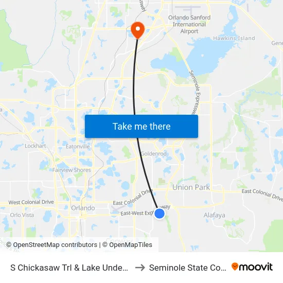 S Chickasaw Trl & Lake Underhill Rd to Seminole State College map