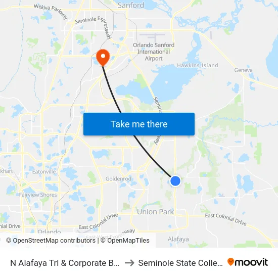N Alafaya Trl & Corporate Blvd to Seminole State College map