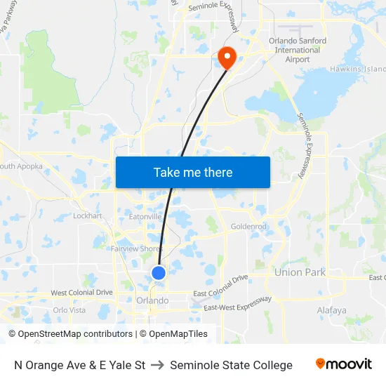 N Orange Ave & E Yale St to Seminole State College map
