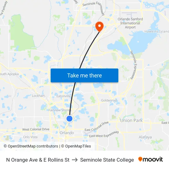 N Orange Ave & E Rollins St to Seminole State College map