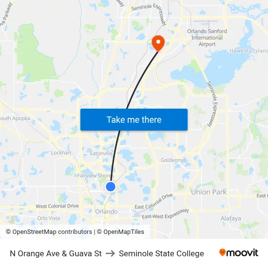 N Orange Ave & Guava St to Seminole State College map