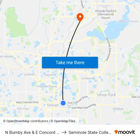 N Bumby Ave & E Concord St to Seminole State College map