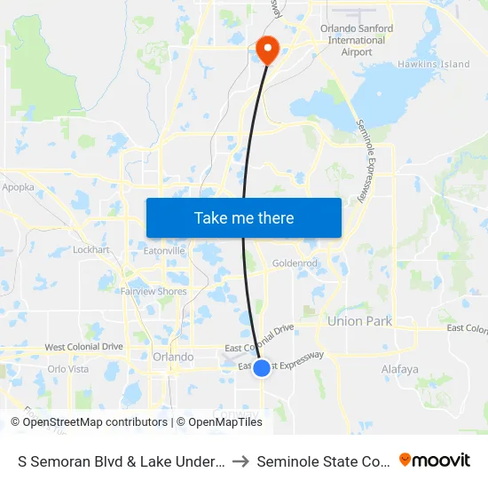 S Semoran Blvd & Lake Underhill Rd to Seminole State College map