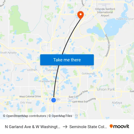 N Garland Ave & W Washington St to Seminole State College map
