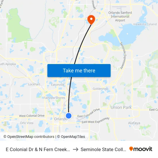 E Colonial Dr & N Fern Creek Ave to Seminole State College map