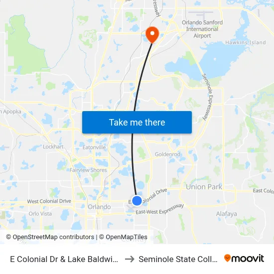 E Colonial Dr & Lake Baldwin Ln to Seminole State College map