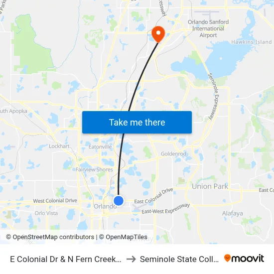 E Colonial Dr & N Fern Creek Ave to Seminole State College map