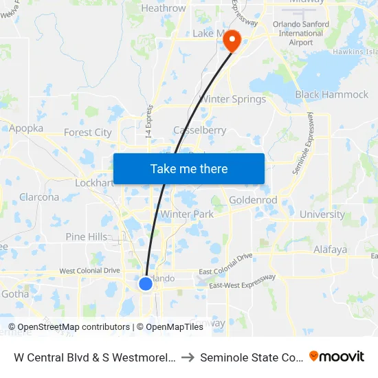 W Central Blvd & S Westmoreland Dr to Seminole State College map