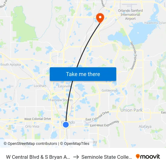 W Central Blvd & S Bryan Ave to Seminole State College map