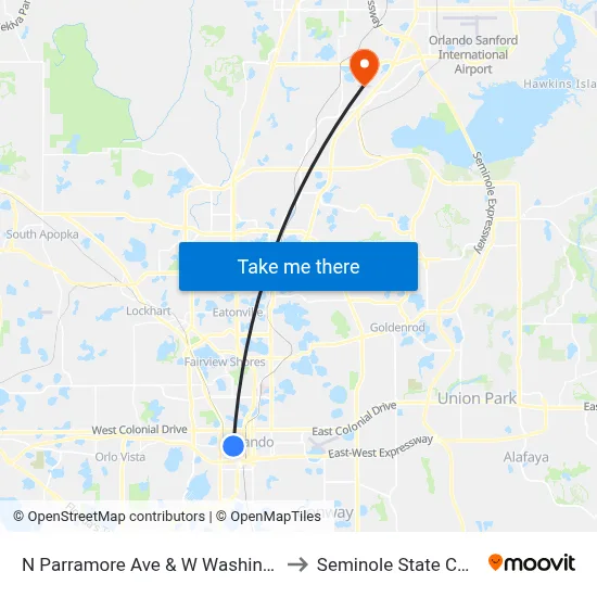 N Parramore Ave & W Washington St to Seminole State College map