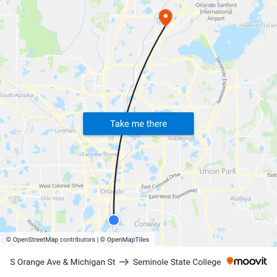 S Orange Ave & Michigan St to Seminole State College map