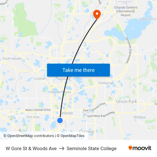 W Gore St & Woods Ave to Seminole State College map