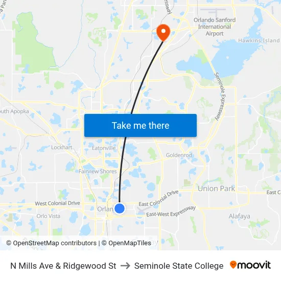N Mills Ave & Ridgewood St to Seminole State College map