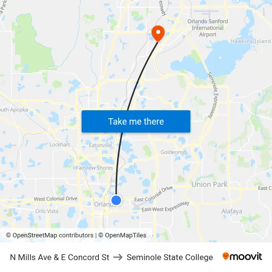 N Mills Ave & E Concord St to Seminole State College map
