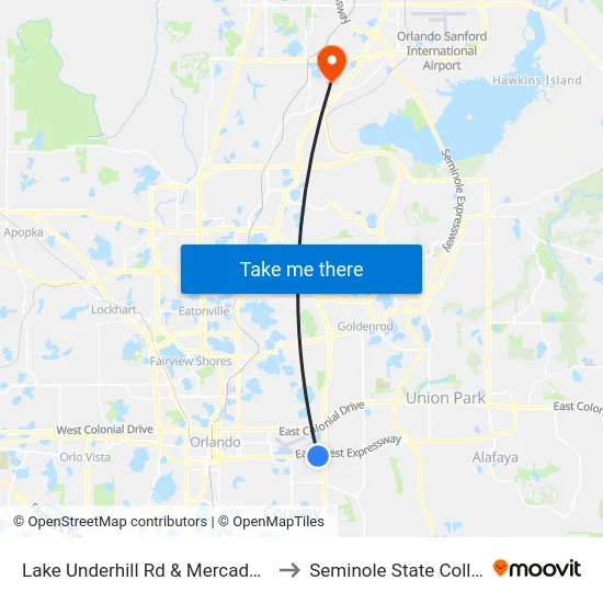 Lake Underhill Rd & Mercado Ave to Seminole State College map