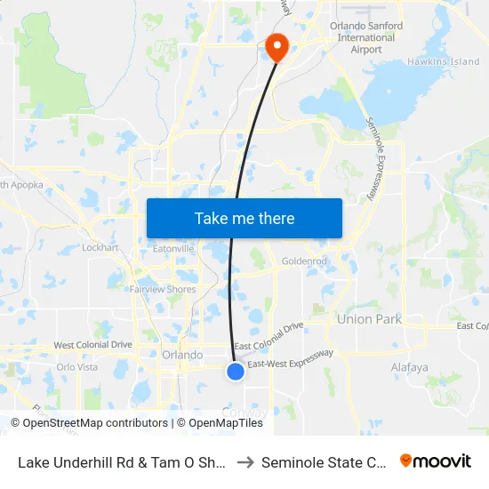 Lake Underhill Rd & Tam O Shanter Dr to Seminole State College map