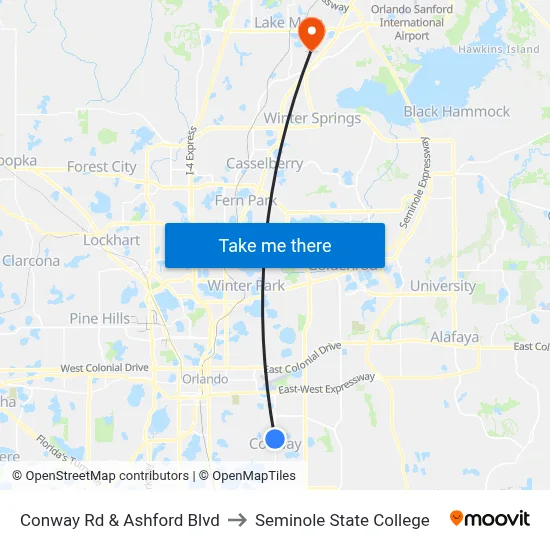 Conway Rd & Ashford Blvd to Seminole State College map