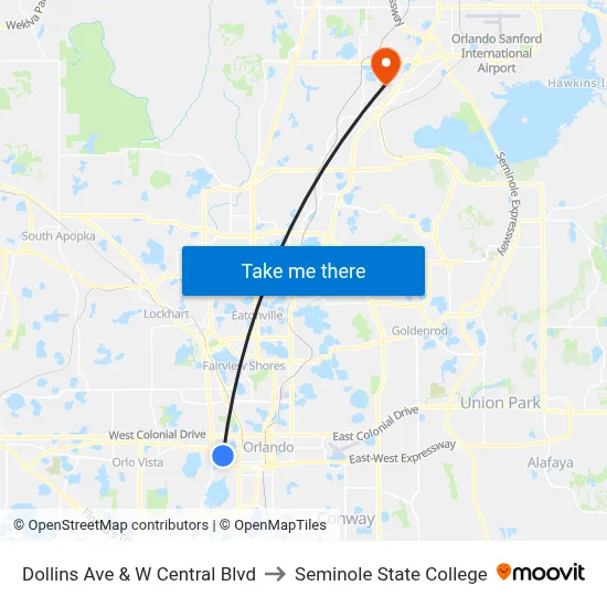 Dollins Ave & W Central Blvd to Seminole State College map