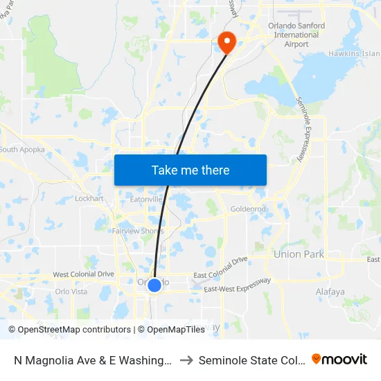 N Magnolia Ave & E Washington St to Seminole State College map