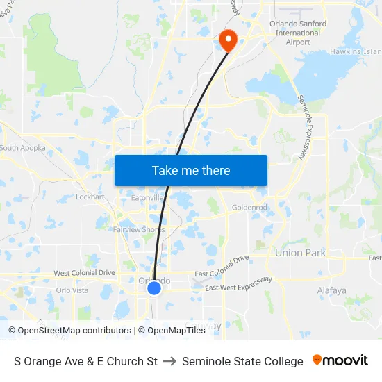 S Orange Ave & E Church St to Seminole State College map