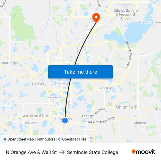 N Orange Ave & Wall St to Seminole State College map
