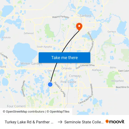 Turkey Lake Rd & Panther Way to Seminole State College map