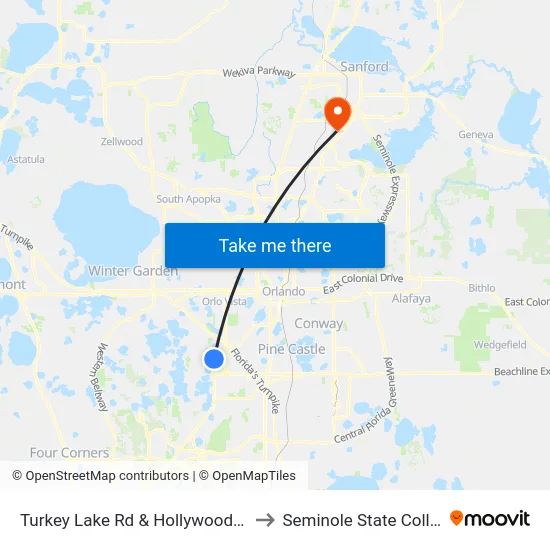 Turkey Lake Rd & Hollywood Way to Seminole State College map