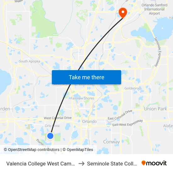 Valencia College West Campus to Seminole State College map