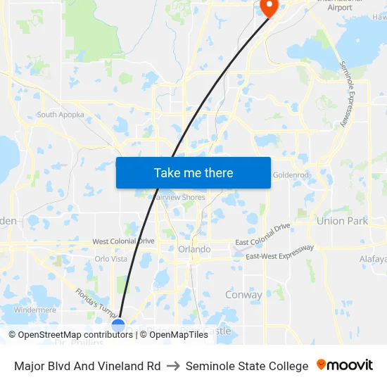 Major Blvd And Vineland Rd to Seminole State College map