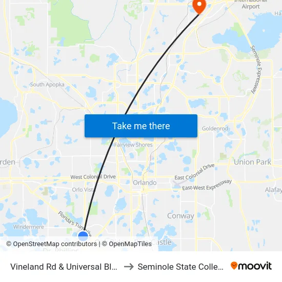 Vineland Rd & Universal Blvd to Seminole State College map