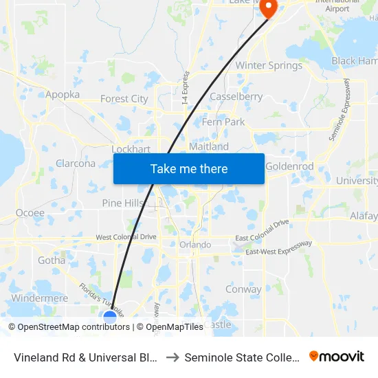 Vineland Rd & Universal Blvd to Seminole State College map