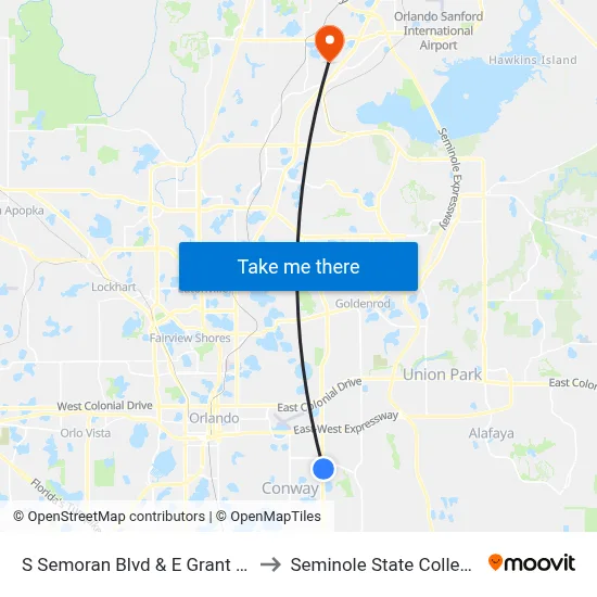 S Semoran Blvd & E Grant St to Seminole State College map