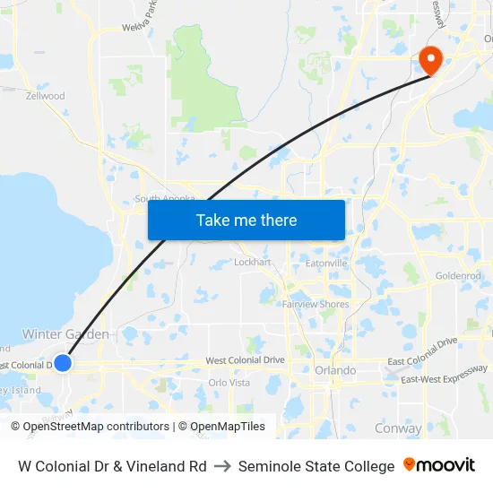 W Colonial Dr & Vineland Rd to Seminole State College map