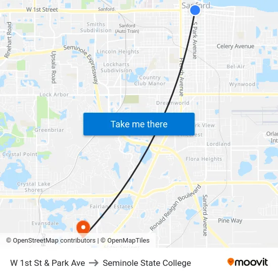 W 1st St & Park Ave to Seminole State College map