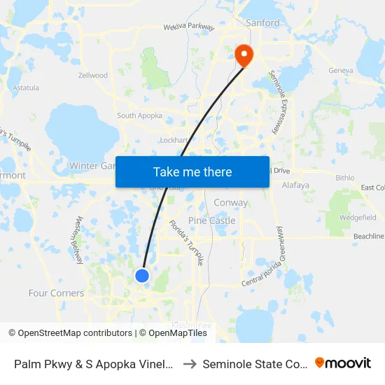 Palm Pkwy & S Apopka Vineland Rd to Seminole State College map