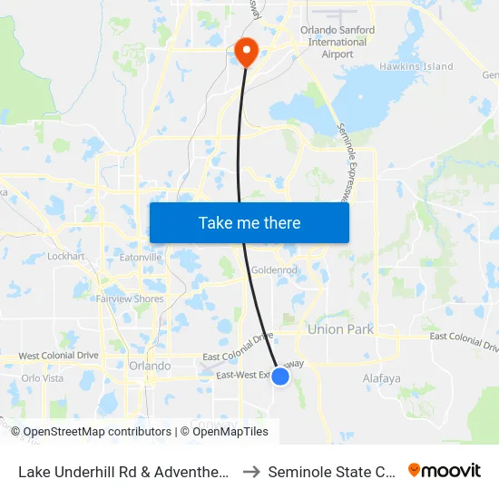 Lake Underhill Rd & Adventhealth East to Seminole State College map