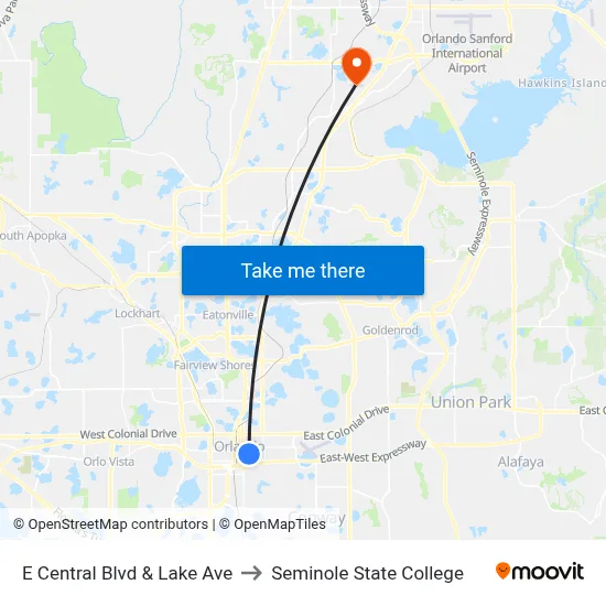 E Central Blvd & Lake Ave to Seminole State College map