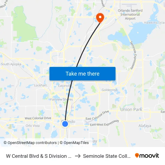 W Central Blvd & S Division Ave to Seminole State College map