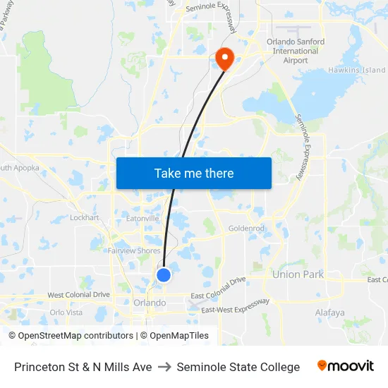 Princeton St & N Mills Ave to Seminole State College map