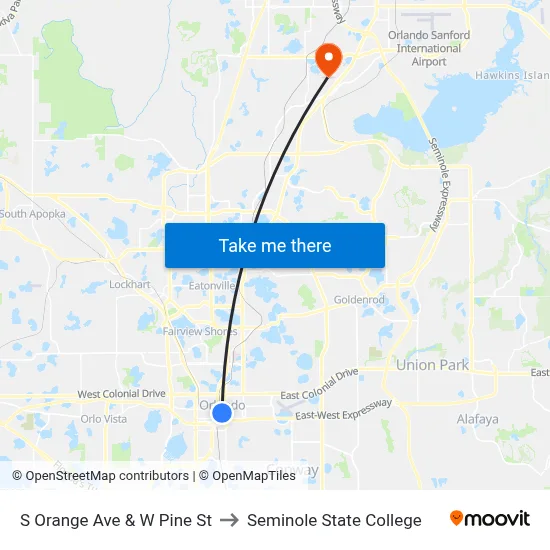 S Orange Ave & W Pine St to Seminole State College map