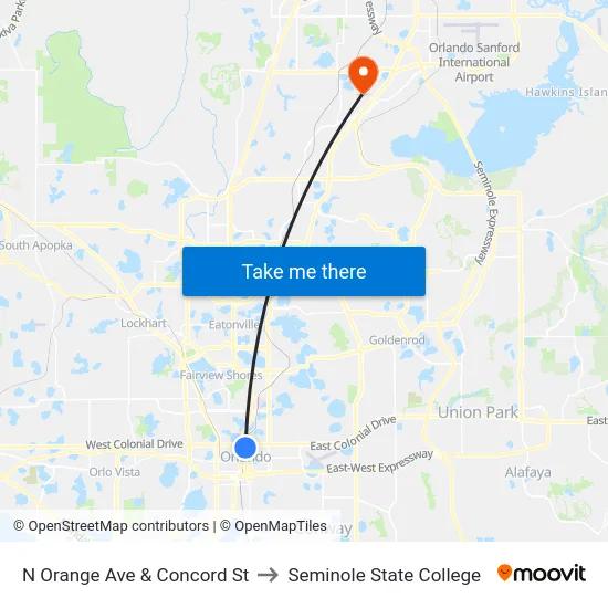 N Orange Ave & Concord St to Seminole State College map
