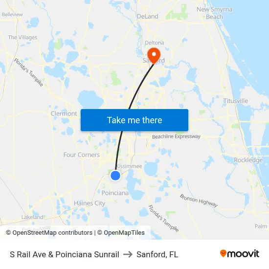 S Rail Ave & Poinciana Sunrail to Sanford, FL map
