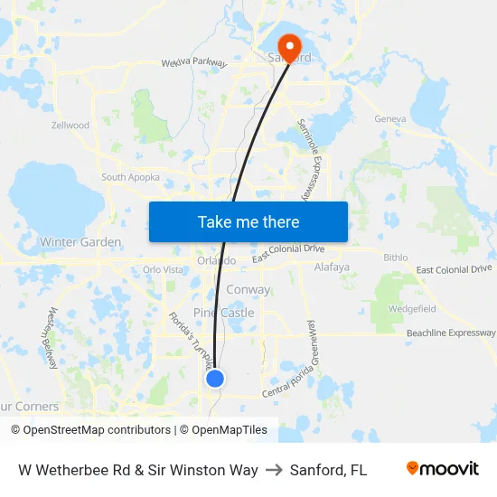W Wetherbee Rd & Sir Winston Way to Sanford, FL map