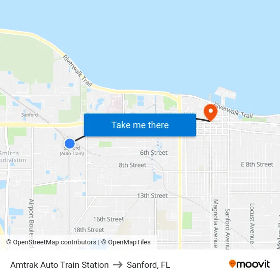 Amtrak Auto Train Station to Sanford, FL map