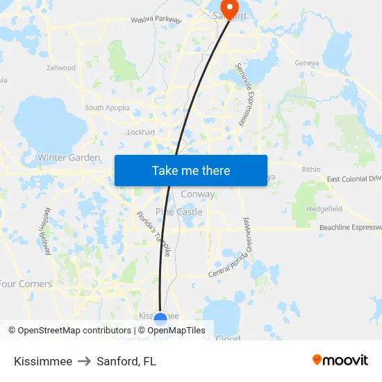 Kissimmee to Sanford, FL map