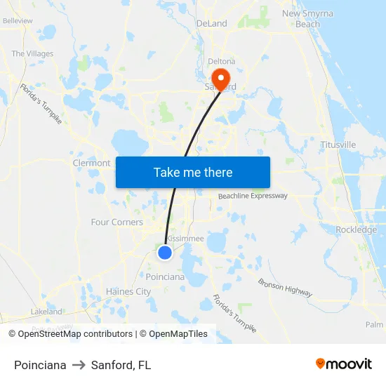 Poinciana to Sanford, FL map