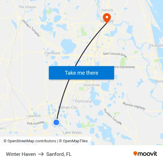 Winter Haven to Sanford, FL map