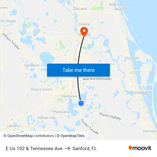 E Us 192 & Tennessee Ave to Sanford, FL map