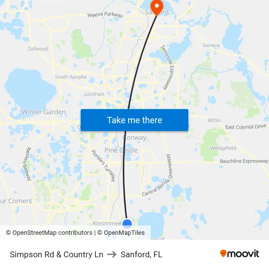 Simpson Rd & Country Ln to Sanford, FL map