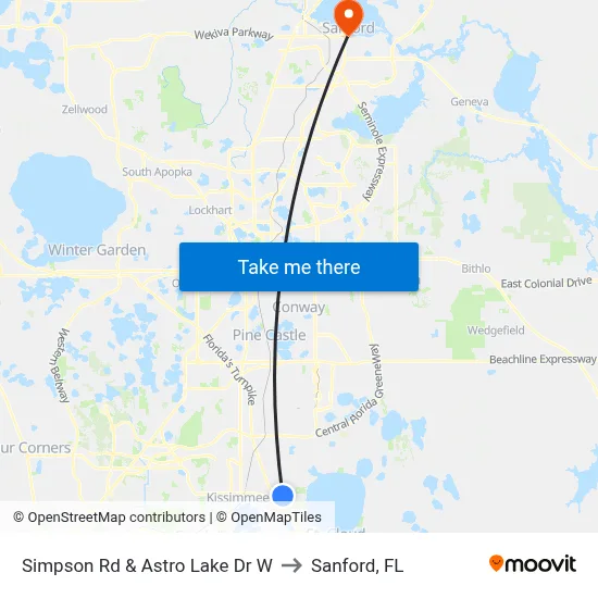 Simpson Rd & Astro Lake Dr W to Sanford, FL map